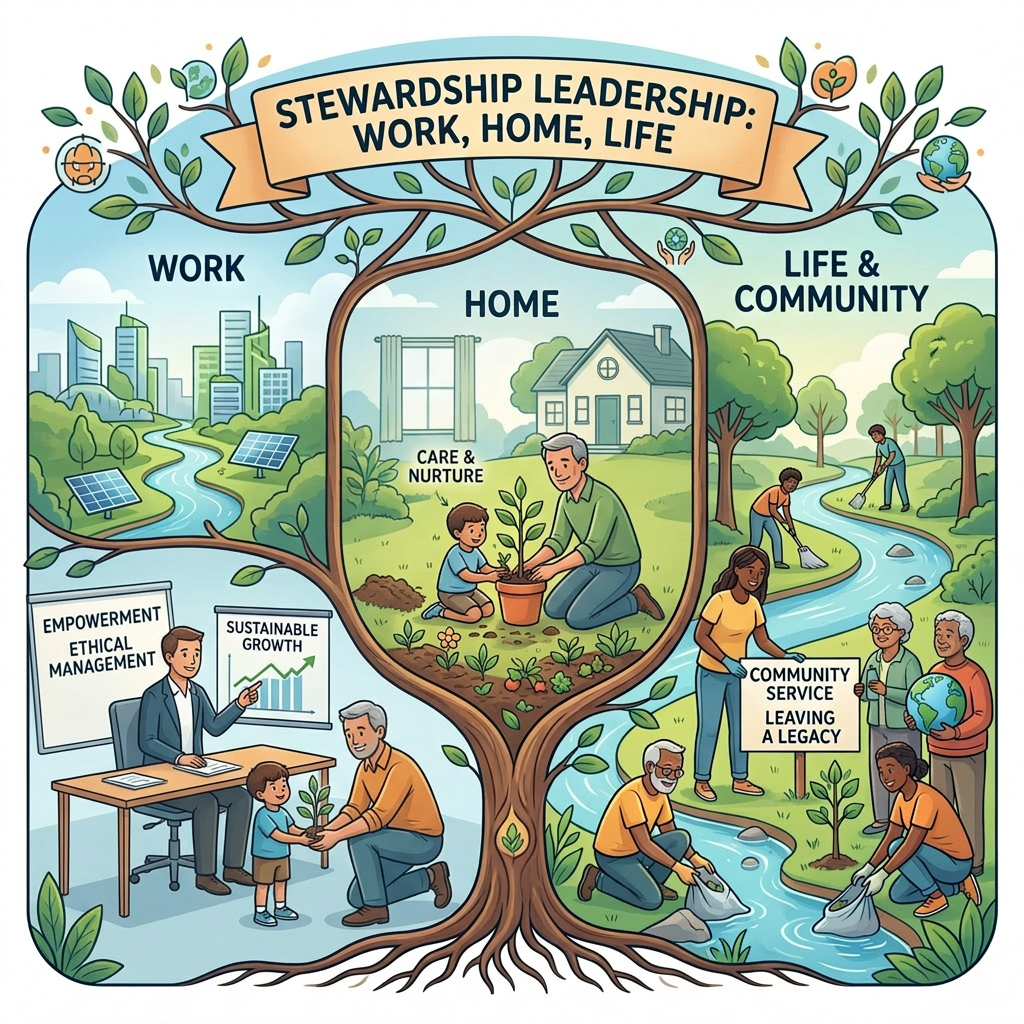 Tree illustration connecting work, home, and community stewardship leadership concepts