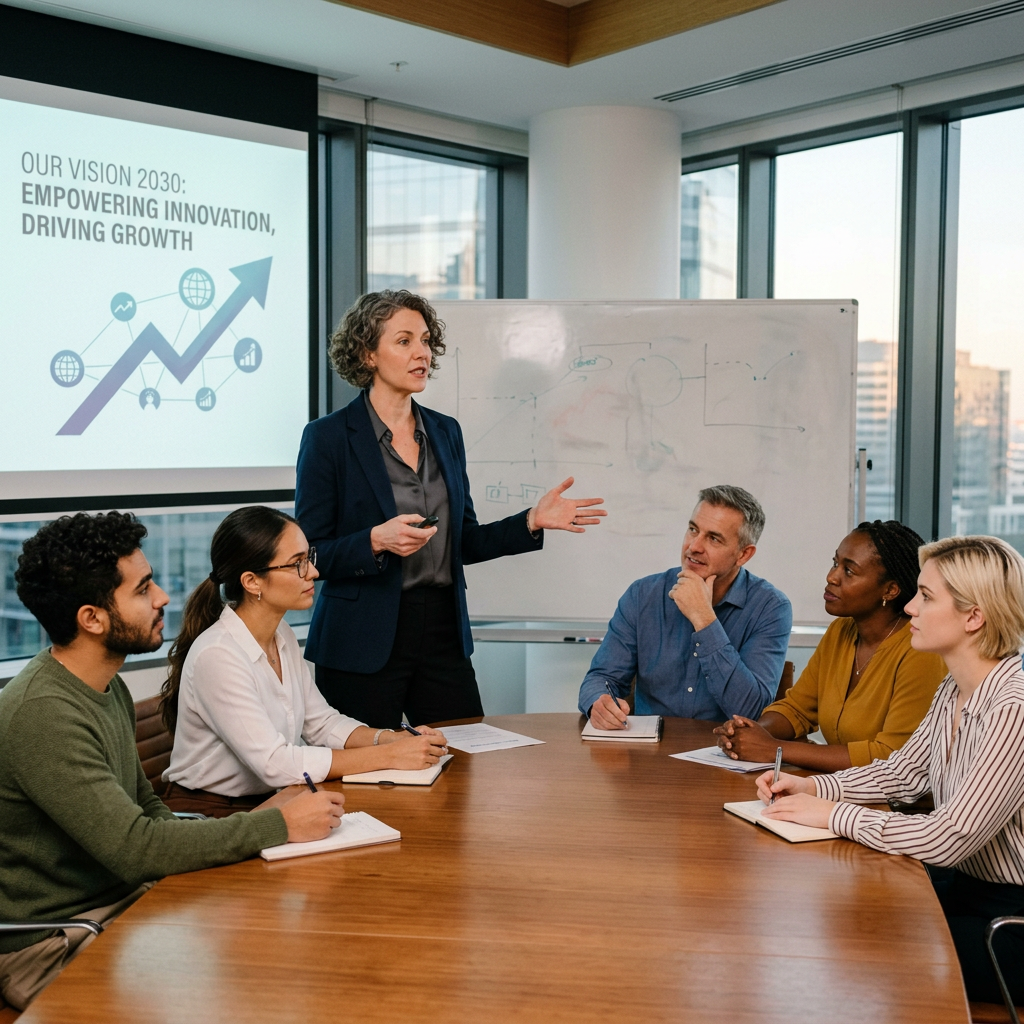 Businesswoman presenting vision for 2030 to team in conference room