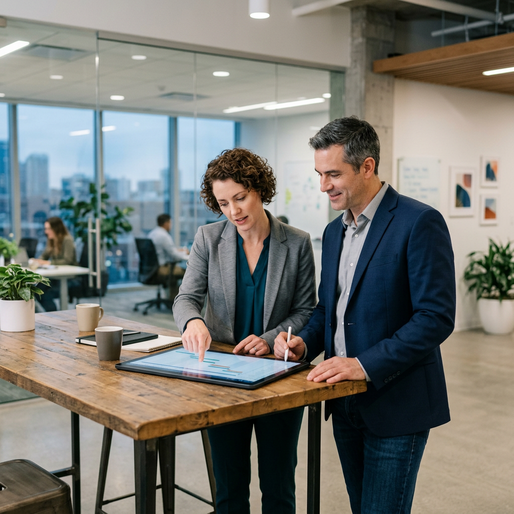 Two professionals looking at and discussing project charts on a digital touchscreen table in an office